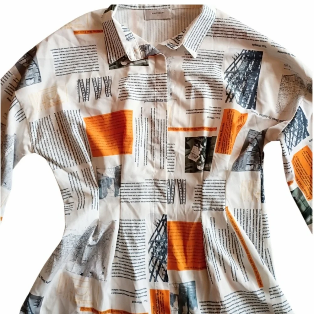 HALFHEART Shirt Dress Newspaper Print Button Down White Orange Gray LARGE - Picture 4 of 9